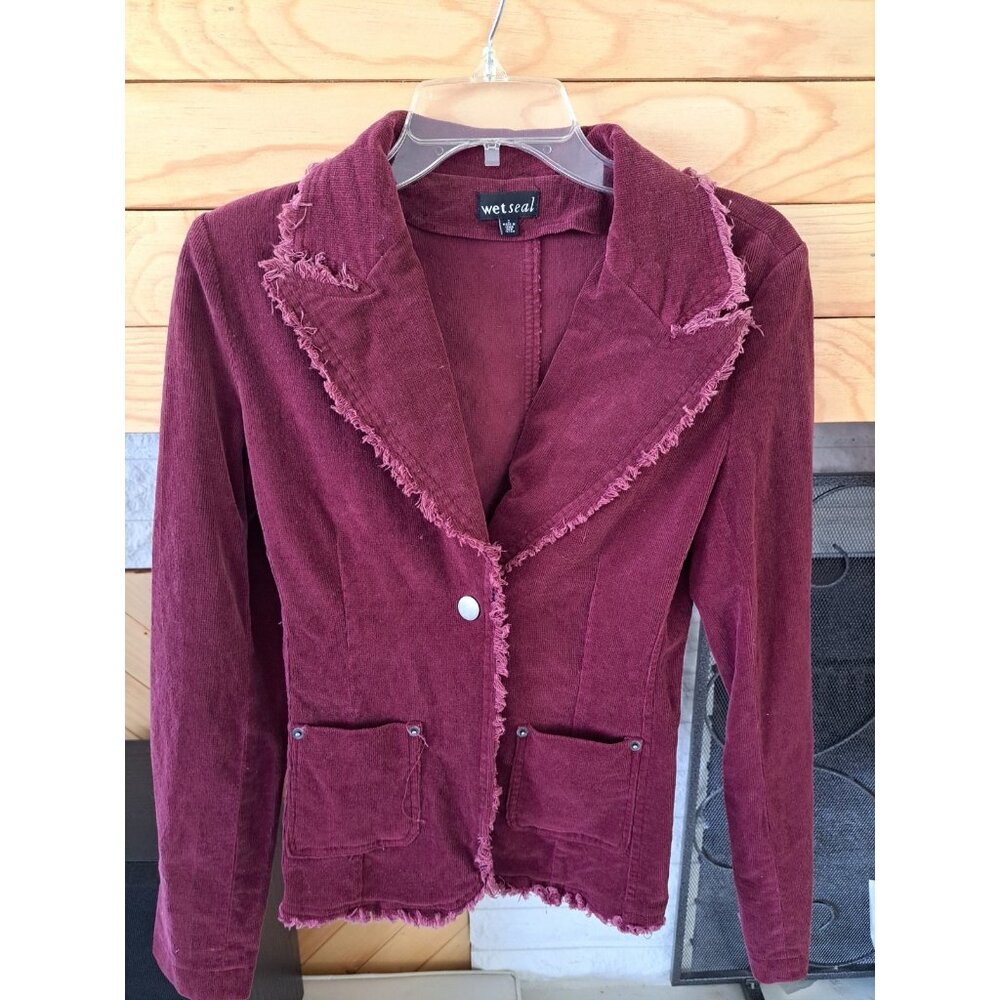 Y2K Wet Seal Corduroy Blazer Jacket Women's Small Burgundy Academia  Raw Hem - Picture 2 of 8